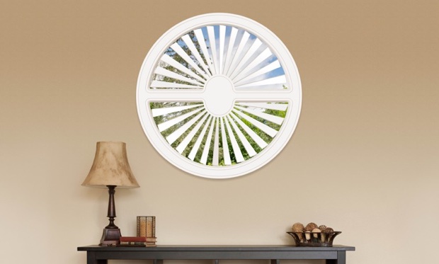 You can cover specialty shaped windows with our Polywood shutters. Circle shaped window in Hartford