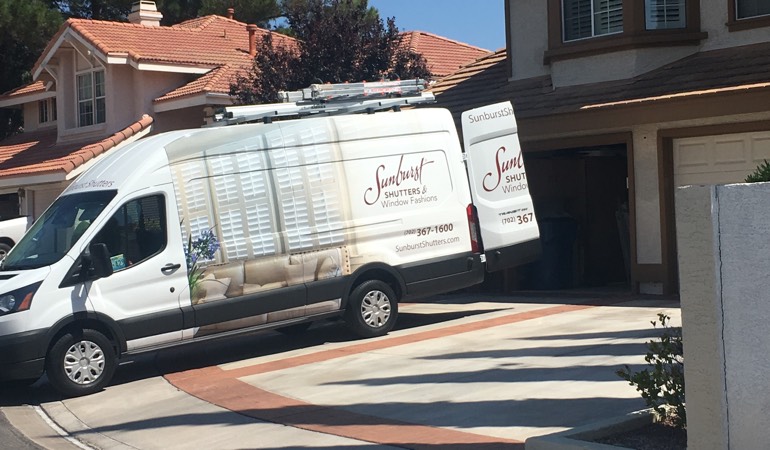 With an in-home consultation, we bring the showroom to your house. Alt text: Sunburst Shutters van parked at customer's home.