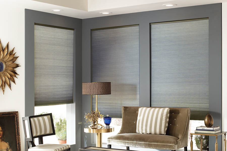 Add style and comfort to your home with cellular shades in Hartford. Gray cellular shades in a corner of a stylish living room.